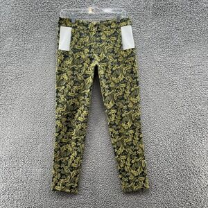 Sandra Weil Pants Womens Small Green Yellow Jacquard Leather Pockets Ankle